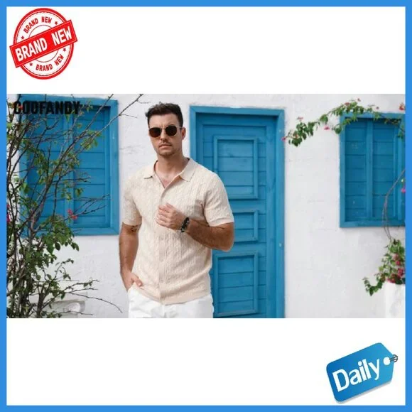 Men's Knit Short Sleeve Button Down Polo Shirt Vintage Cable Casual - Picture 8 of 8